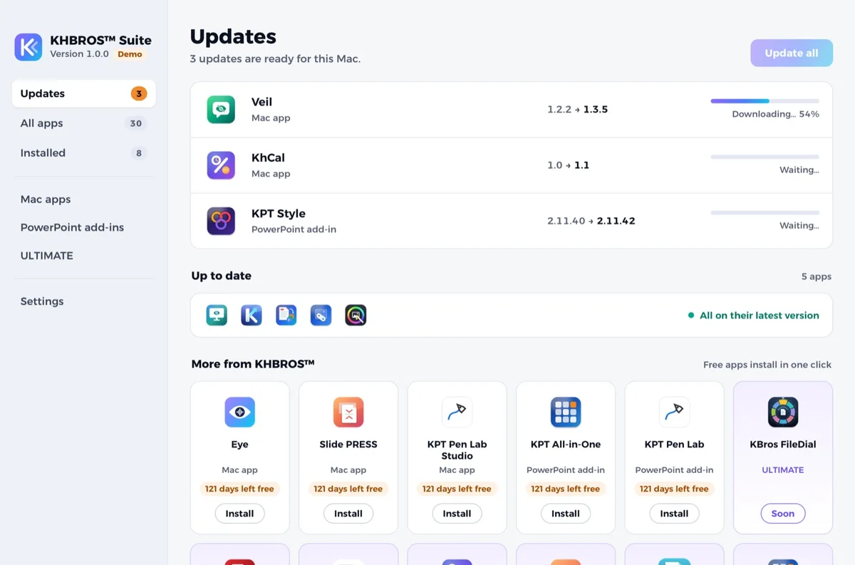KHBROS Suite على Mac يثبّت تحديثًا، في الوضع الفاتح