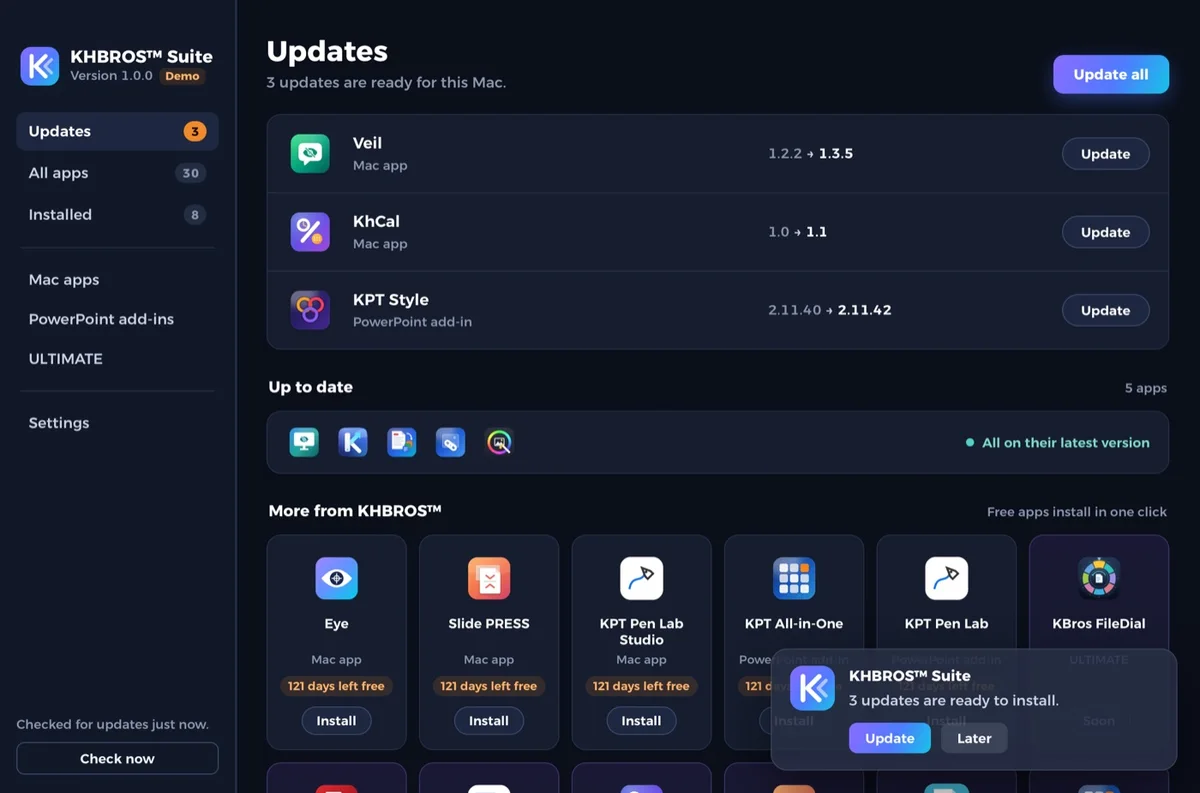 KHBROS Suite على Mac يعرض تحديثين مع زرَّي تحديث